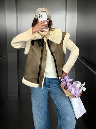 秋季女装冬装女装复古秋冬时尚保暖休闲都市优雅舒适简约日常通勤复古碰撞拼接口袋拉链无袖背心马甲外套翻领皮夹克绒面摇粒绒复合面料女式常规夹克女士马甲