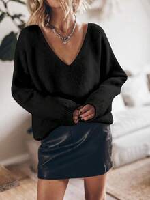 新款极简主义深V领宽松毛衣，休闲基础款超大款上衣，黑色 - 黑色 - 查看 2