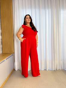 Women's Plus Size Curve Jumpsuit, Long, One-Shoulder, With Bow In Duna Print, Elegant For Parties - Đỏ - Xem 5