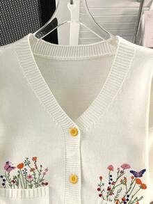 女式花卉刺绣长袖口袋前扣开衫，带叶子图案