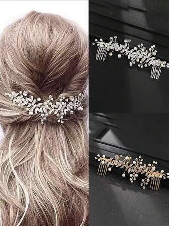 1件欧美风格新娘发梳，带水钻花朵双夹，时尚珍珠发饰，可搭配婚纱