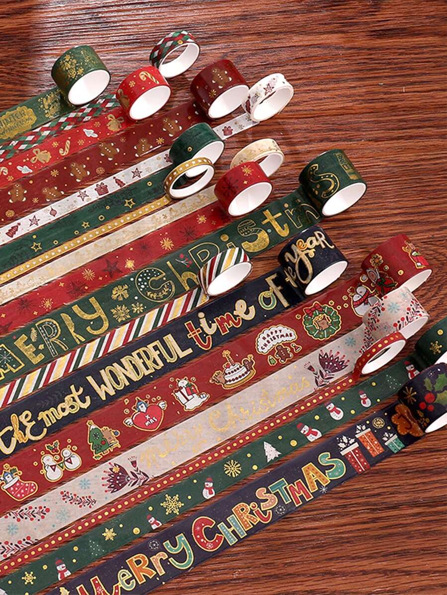 20 Rolls/Box Christmas Bronzing-Patterned Washi Tape, Featuring Various Christmas Pattern Designs, Suitable For Greeting Card Decoration, Scrapbooking And Gift Box Packaging Decoration, Christmas Decoration