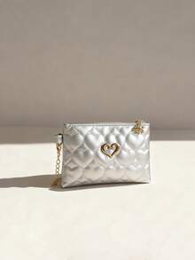 PU Leather Children's Shoulder Bag With Embroidered Heart For Girls, Mini Square Crossbody Bag