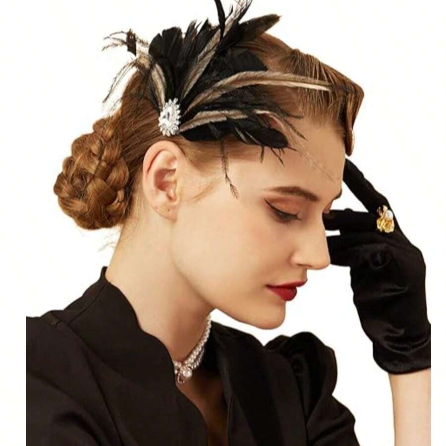 1pc 1920s Vintage Feather Headband, Rhinestone Feather Headpiece, Suitable For Roaring 20s Themed Parties, Masquerade Balls, Women's Costume - D - View 1