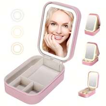 Portable LED Lighting Makeup Mirror Box - Foldable Travel Cosmetic Storage Box With USB Rechargeable Battery, Pink Leather Design, Suitable For Students, Women's Jewelry Storage And Portable Beauty, Small Makeup Case | Foldable Mirror Box | Faux Leather Finish