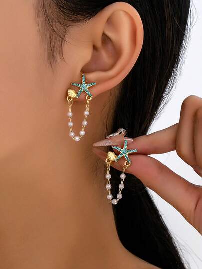 1 Pair Fashion Zirconia Tassel Shell Starfish Pearl Stud Earrings, Suitable For Women's Party, Date, Daily Wear