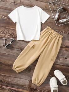 Young Boy Letter & Cartoon Bear Print Short Sleeve T-Shirt And Cargo Pants Set - Khaki - View 2