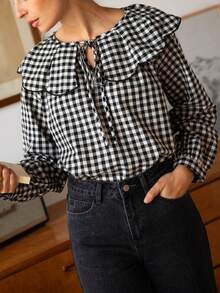 女士优雅彼得潘领长袖荷叶边彼得潘领纽扣格子衬衫 春季 - 彩色 - 查看 3