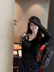 新款女士露肩灰色打底衫，甜美性感蝴蝶结露肩叠穿上衣，女士秋季服装 - 黑色 - 查看 7