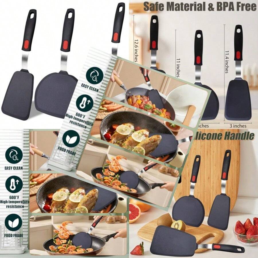 Silicone Spatula Turner Set3-Pack Spatula Set 600°F Heat Resistant Spatula For Non Stick Cookware Large Flexible Kitchen Utensils For Baking Cooking No Scratching And Melting Dishwasher - màu đen - Xem 1