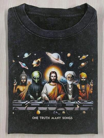 Camiseta Gráfica Vintage de Tema Espacial para Mujer - Algodón Lavado de 210GSM con Diseño de DJ Alien para Fiestas - Camiseta Retro de Ciencia Ficción Negra para Conciertos, Festivales y Ropa Urbana Diaria - Top de Verano de Corte Holgado Lavable a Máquina, Ropa para Conciertos, Arte Único, Tela Duradera, Pieza de Declaración, Para Amantes de la Música