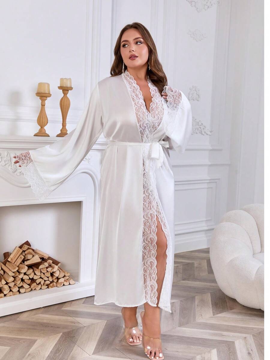 QING ROU Plus Size Women's Elegant Satin Robe, Soft Lace Trim, Flare Sleeve, Silky & Comfortable, Bridal Robe, Bridesmaid Dress, Includes Waist Belt, Suitable For Home Use - White - View 1