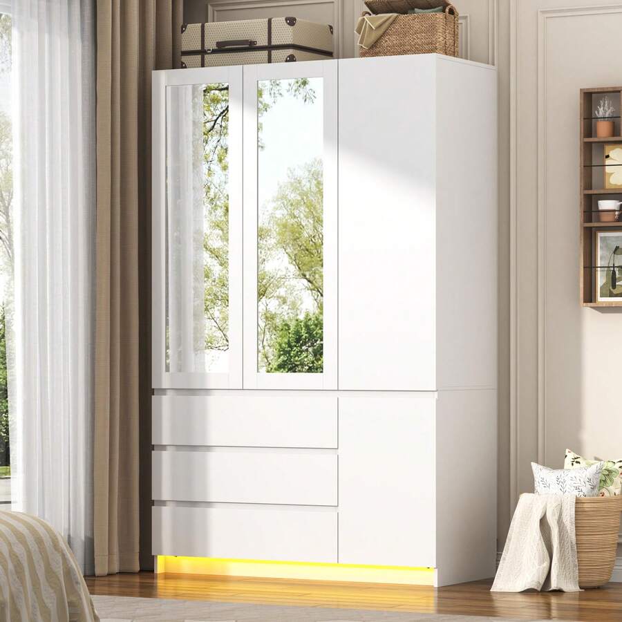 3Doors Armoire Wardrobe Closet With 3 Drawers & Mirror, Modern Wooden Bedroom Armoires With Hanging Rod USB Powered Led Lights For Bedroom - 白色-3門 - 查看 1