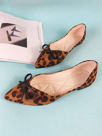 Plus Size Women's Vintage Bow Slip-On Flats, Pointed Toe Leopard Print Shoes, EU Size 41-43
