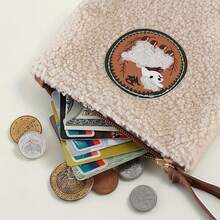 Medium Plush Lipstick Holder/Cosmetic Bag/Coin Purse/Cable & Earphone Pouch, Soft To The Touch In Winter, With Handle & Hanging Strap, Christmas Gift, Women Sanitary Pad Bag - White - View 3