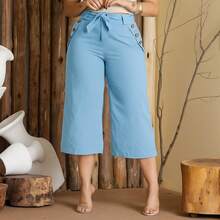 Women's Pantacourt Linen Pants, High Waist, Bow Detail, And Pockets - Baby Blue - View 1