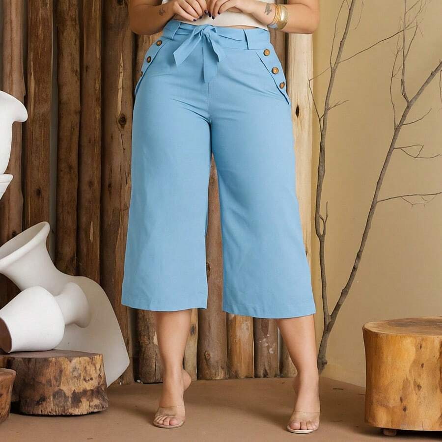 Women's Pantacourt Linen Pants, High Waist, Bow Detail, And Pockets - Baby Blue - View 1