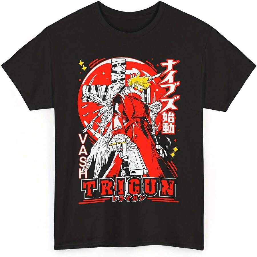 Unisex Trigun Anime T-Shirt VASH The Stampede Merch Casual Short Sleeved T Shirt Unisex Tee - 黑色 - 查看 1