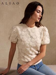 Aliao 优雅复古薄纱杏色短袖修身T恤，适合婚礼季、老钱风格、浪漫假日风格、夏季女士装、情人节、派对上衣、假日穿着 - 杏色 - 查看 5