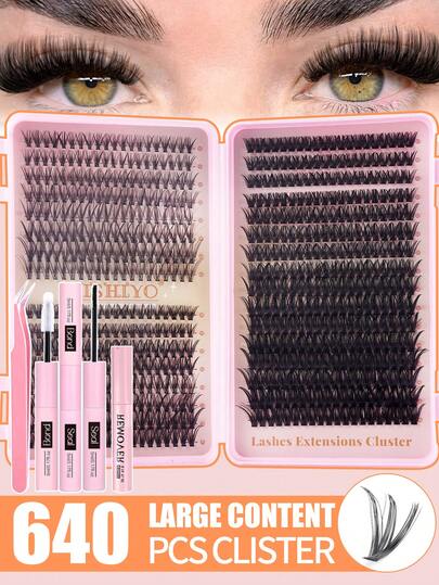 640pcs Eyelash Cluster, Individual Eyelashes, DIY False Eyelash Kit, Soft Eyelash Set, Smooth Curly False Eyelash Set, DIY Eyelash Set, Eyelash Glue And Sealer Kit, Includes Eyelash Cluster Set, Cleaning Tools And Tweezers, Reusable DIY Eyelash Extension Cluster For Party, Music Festival, Christmas