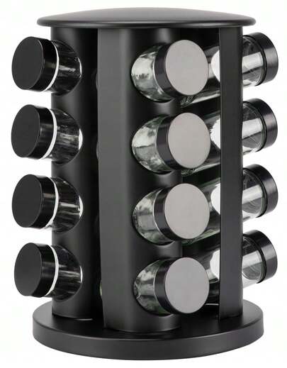⭐ ORGANIZADOR GIRATORIO DE ESPECIAS – ACERO INOXIDABLE NEGRO CON 17 FRASCOS DE VIDRIO ⭐ Organizador de especias giratorio de 360 grados, con un elegante acabado en acero inoxidable negro y diseño compacto tipo carrusel. Este soporte giratorio para frascos de especias incluye 16 o 20 frascos de vidrio recargables con tapas tamizadoras. El organizador independiente permite un acceso fácil y ahorra espacio, mientras que el diseño redondo añade un toque moderno a encimeras o alacenas. Ideal para almacenar hierbas, condimentos y ingredientes secos.