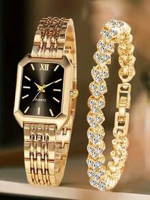2pcs Women's Fashionable And Casual Quartz Watch, Round Luxury Full Diamond Watch, Paired With Diamond Studded Bracelet Jewelry Combination Set, Suitable For Daily Wear, Festivals And Parties, The Best Gift For Women.