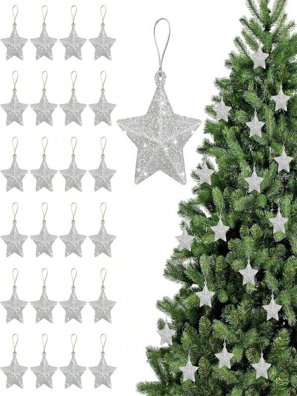 24/12pcs/Silver Glitter Star Ornament Christmas Tree Decoration 5cm Pentagram Star Pendant 3D Glitter Star Pendant For Indoor Outdoor Christmas Tree Fireplace Decoration Winter Christmas Festival Party Gift Decoration