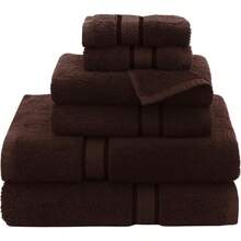 Cotton Craft - Juego de 6 toallas ultrasuaves lujosas 100% algodón hilado en anillo gruesas y absorbentes con ribete de rayón 2 toallas de baño grandes de 76.20 cm x 137.16 cm 2 toallas de mano de 40.64 cm x 71.12 cm 2 toallas de 30.48 cm x 30.48 cm. Chocolate 6 Piece Towel Set 1 - marrón - Ver 1