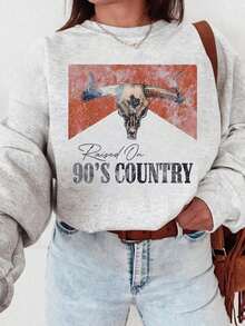 Women's Winter Clothes90s Country Western Bull Graphic Retro Women Sweatshirt, Women's Casual Dropped Shoulder Crew Neck Long Sleeve PulloverLoose And Comfortablechristmas Clothes For Women,Sudadera De Mujer,Christmas Women - 灰色 - 查看 3