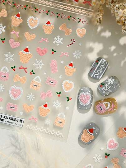 1 Sheet 5D Christmas Sweater Nail Stickers - Cute Knit Bear Heart Bow Bag Hat Snowflake Decals For Festive Winter Nail Art | DIY Holiday Manicure Wraps For Women Girls