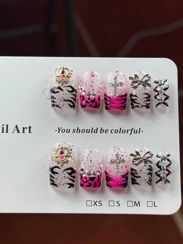 10pcs High-End Y2k Millennium Hot Girl Style, Hand-Painted Zebra Stripes, Dazzling Sequins With Pile Of Diamonds Handmade Fake Nails, Nail Patches Suitable For Sweet And Cool Girls, Friends' Birthday Parties, Bar Parties, Halloween And Carnival Events