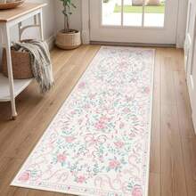 Runner Rug, Pink Flower Design, Hallway Decor, Holiday Party Decor, Ideal For Entryway, Living Room, Bedroom, Dining, Bathroom, Kitchen, Laundry Room, Best For Gifts, Daily Decoration - Màu 3 - Xem 2