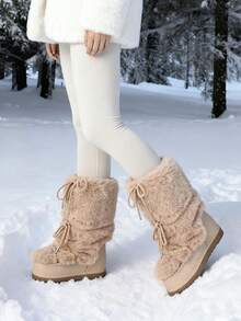 Faux Fur Boots For Women Winter Snow Boots Platform Lace Up Round Toe Boots Warm Snow Shoes Fluffy Winter Boots - 杏色 - 查看 4