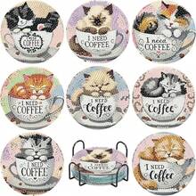 8pcs/Set Animal Cat Pattern Diamond Painting Coaster Set, Sparkling Rhinestone Heat-Resistant Drink Coasters With Holder, DIY Coaster Craft Supplies, Artificial Diamond Art Craft Supplies Gift