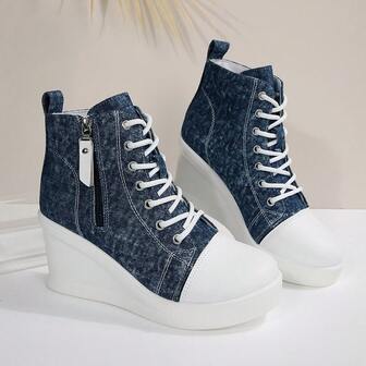 Women's Casual Ankle Boots, Solid Color, Casual/Preppy Style, Side Zipper & Lace-Up, Suitable For Holiday, Vacation, Office, All Seasons