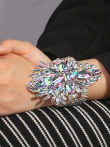 1 pieza Brazalete grande de plata con cristales AB, joyería de cóctel versátil de moda como regalo para mujeres