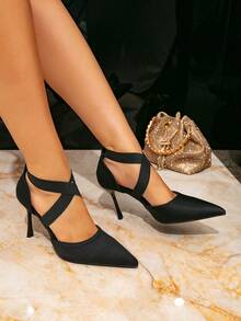 Women's Black Pointed Toe Stiletto High Heels, Elastic Criss-Cross Strap Sexy Mules High Heels, Comfortable Super High Heels For Party, Evening Dress, Casual - Black - View 7