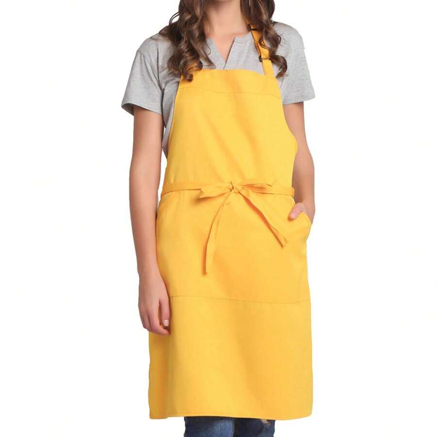 Adjustable Bib Apron With Long Ties For Women Men 5 Colors Chef Kitchen Cooking - 黃色 - 查看 1
