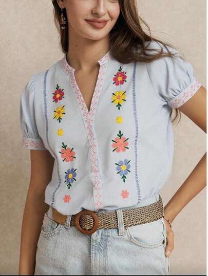 Camisa Feminina Bordada Manga Curta   Floral  Plantas    Nenhum  Bordado    Casa  Palco e Concerto