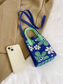 lulu kewen 时尚花卉图案女士斜挎包，女士钩编包，女士小型手机包，休闲购物女士单肩包，可爱花卉女士手提包，适合青少年、女性、女孩、学生、上班族女性，可装手机、钥匙、钱包等。 - 藍色 - 查看 11