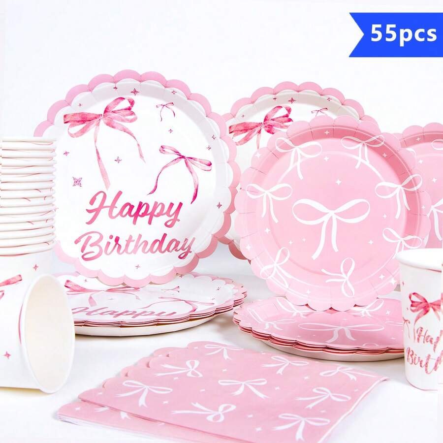 10pcs Pink Bow Floral Disposable Plate, Napkin And Cup Set, Includes Plates, Napkins And Cups, Suitable For 10 Guests, Disposable Paper Plates Party Supplies For Birthday, Wedding, Party, Family Picnic - Multicolor - View 1