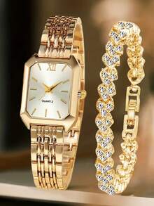 2pcs Women's Fashionable And Casual Quartz Watch, Round Luxury Full Diamond Watch, Paired With Diamond Studded Bracelet Jewelry Combination Set, Suitable For Daily Wear, Festivals And Parties, The Best Gift For Women.