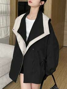 时尚女士梭织长袖外套，带领子、拉链和口袋，常规长度设计，秋冬黑色春季款 - 黑色 - 查看 5