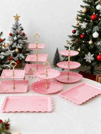 6 Pcs Cake Stand, Plastic Dessert Table Display Set, Three-Tier Shelf, Two-Tier Shelf And Dessert Tray Set. Suitable For Birthdays, Parties, Tea Parties. Black/White
