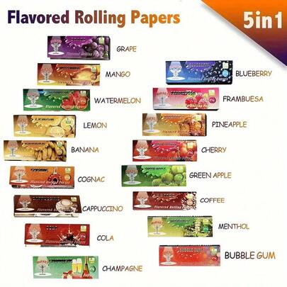 5 paquets, papiers à rouler aromatisés aux fruits de 78 mm, 250 feuilles au total, papiers à rouler assaisonnés portables, combustion lente, outil ménager, cadeau de fête, cadeau d'anniversaire, cadeau pour les amis