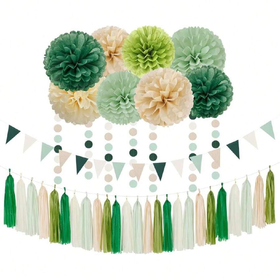 Sage-Olive Green Champagne-Gold Party Drations - 30pcs Rustic Boho Wedding Paper Tissue Pom Poms Streamers,Tassel Garland Banner,Birthday Bridal Shower Engagement Dr ,26265927 - 香檳色 - 查看 1