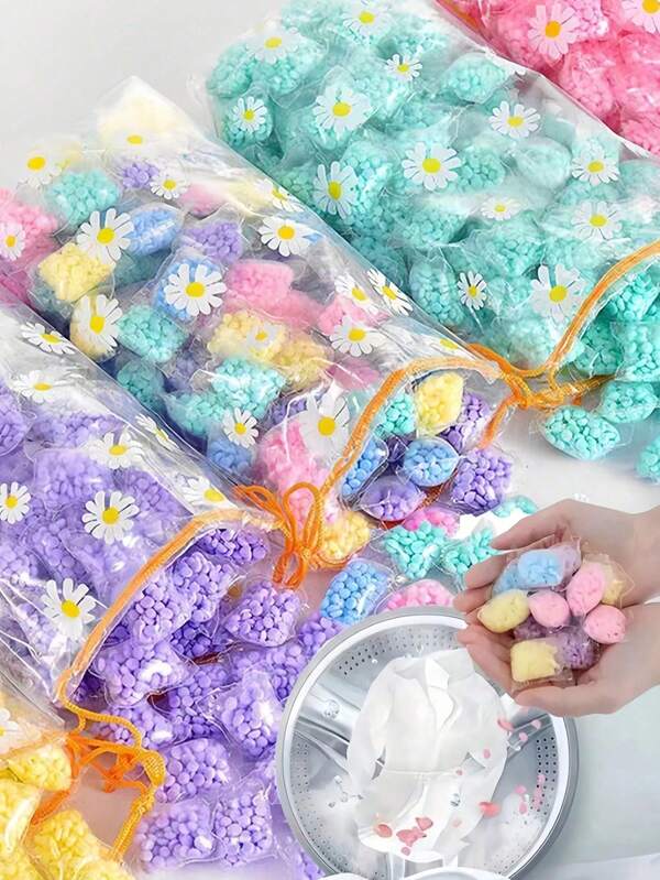 Emballé avec des boules parfumées, parfum longue durée, assouplissant, protection des vêtements, parfum floral multicolore, perles parfumées pour le linge, perles parfumées pour machine à laver, perles parfumées longue durée pour le linge, produits d'entretien et de nettoyage, outils de nettoyage, articles essentiels pour appartement, accessoire de nettoyage des taches moderne (selon les petites particules, 100 pièces ont cinq petits paquets)