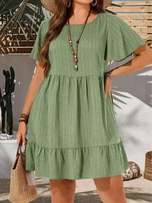 Plus Size Middle Eastern Style Round Neck Solid Color Fashionable European And American Retro Casual Short Sleeve Dress - Green - View 5