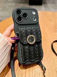 1 pieza Funda de tarjeta con cadena de perlas de lujo a la moda, compatible con iPhone 11/12/13/14/15/16/17 Pro/Pro Max, funda de teléfono protectora de Body completo minimalista y creativa - Negro - Ver 3