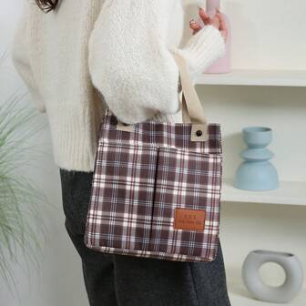Retro Plaid Multi-Pocket Handbag, Casual Canvas Shoulder Bag, Fashion Women Tote Bag For Daily, Commuting, Shopping